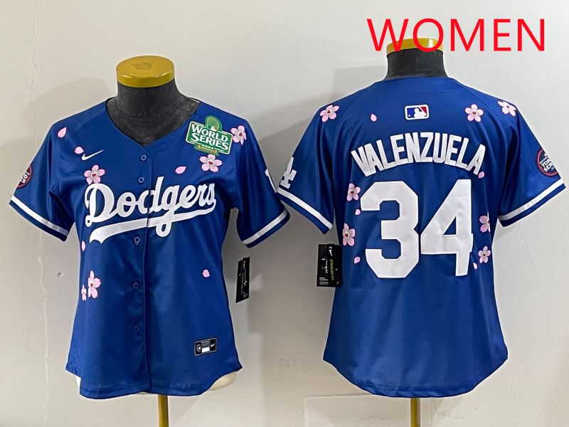 Women Los Angeles Dodgers #34 Valenzuela Blue Sakura Edition 2025 Nike MLB Jersey style 37->women mlb jersey->Women Jersey